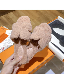 Hermes Oran Shearling Wool Flat Slide Sandals Beige 2021
