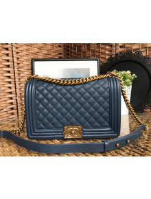Chanel Boy Grained Calfskin Large Flap Bag 28cm Navy Blue/Aged Gold 2021