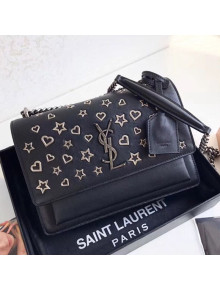 Saint Laurent Sunset Medium Shoulder Bag in Studded Heart Star Leather Black 442906 2019