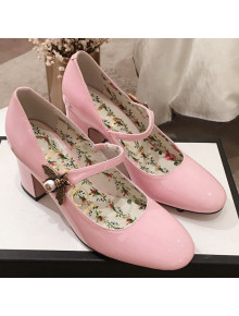 Gucci Patent Leather Mid-Heel Mary Janes Bee Pump Pink 2019