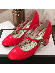 Gucci Patent Leather Mid-Heel Mary Janes Bee Pump Red 2019