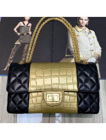 Chanel Lambskin and Crocodile Embossed Calfskin Medium 2.55 Flap Bag A37586 Black/Gold 2019