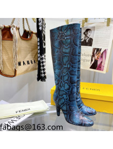 Fendi Karligraphy High Heel Boots 8cm in Blue Python-Like Leather 2021 