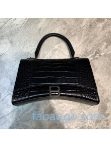 Balenciaga Hourglass Medium Top Handle Bag in Shiny Crocodile Embossed All Black 2020