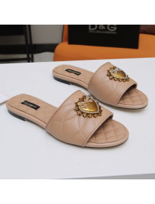 Dolce&Gabbana DG Charm Calfskin Flat Slide Sandals Beige 2021
