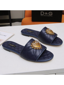 Dolce&Gabbana DG Charm Calfskin Flat Slide Sandals Navy Blue 2021