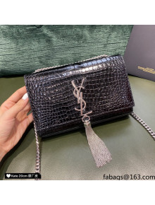 Saint Laurent Kate Small Chain and Tassel Bag in Crocodile Embossed Leather Black/Silver 2021 TOP
