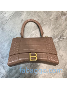 Balenciaga Hourglass Small Top Handle Bag in Shiny Crocodile Embossed Leather Nude/Gold 2020