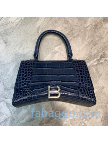 Balenciaga Hourglass Small Top Handle Bag in Shiny Crocodile Embossed Leather Navy Blue/Silver 2020