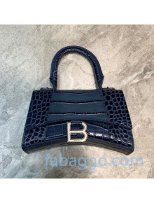 Balenciaga Hourglass Mini Top Handle Bag in Shiny Crocodile Embossed Leather Navy Blue/Silver 2020