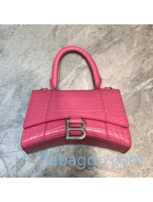 Balenciaga Hourglass Mini Top Handle Bag in Shiny Crocodile Embossed Leather Light Pink/Silver 2020