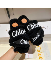 Chloe Logo Strap & Wool Slide Sandals Black 2021