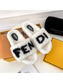 Fendi Logo Shearling Flat Slide Sandals White 2021