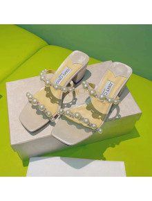 Jimmy Choo Leather Pearl Heel Slide Sandals 4.5cm Silver 2021