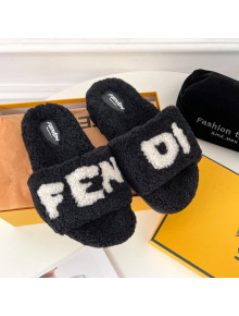 Fendi Logo Shearling Flat Slide Sandals Black 2021