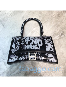Balenciaga Hourglass Small Top Handle Bag in Graffiti Smooth Calfskin Black/Silver 2020