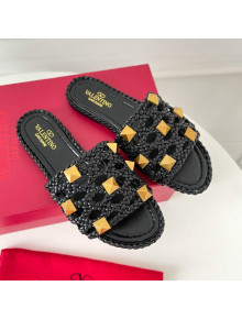 Valentino Roman Stud Flat Slide Sandals in Woven Leather Black 2021