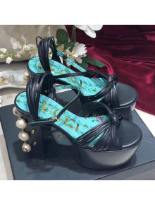 Gucci Pearls High Heel Metallic Leather Platform Sandal with Fron Knot Black 2019