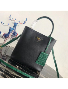 Prada Double Crocodile and Leather Bucket Bag 1BA212 Black/Green 2019