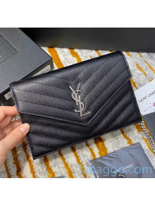 Saint Laurent 393953 Envelope Chain Wallet in Textured Leather Black/Silver (Top Quality)