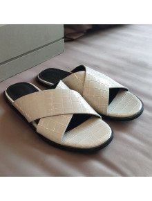 Balenciaga Stone Embossed Patent Calfskin Cross Strap Flat Slide Sandals White 2021