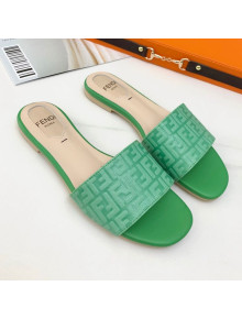 Fendi FF Leather Flat/Heel Slide Sandals Bright Green 2021