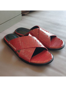 Balenciaga Stone Embossed Patent Calfskin Cross Strap Flat Slide Sandals Red 2021