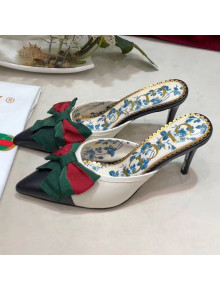 Gucci Leather Mid-heel Slide Mules with Web Bow ‎519569 Black/White 2018