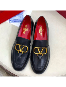 Valentino VLogo Calfskin Flat Loafers Black/Gold 2019