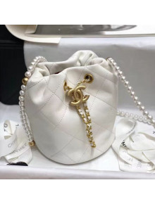Chanel Quilted Small Drawstring Bucket Bag with Pearl Strap White 2021