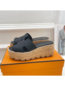 Hermes Calfskin Wedge Slide Sandals Black 2022