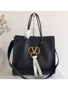 Valentino VRing Shopping Tote Bag in Grained Leather Black/White 2019