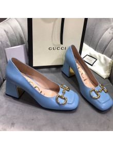 Gucci Leather Mid-Heel Pumps with Horsebit Blue 2020