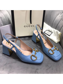 Gucci Mid-Heel Slingback Pumps with Horsebit Blue 2020