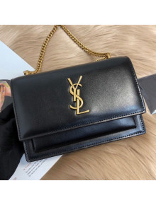 Saint Laurent Sunset Chain Wallet in Toothpick Grained Leather 452157 Black/Gold 2019