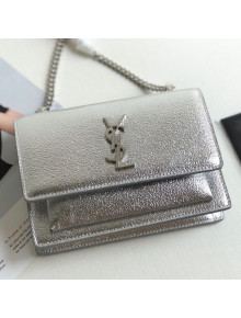 Saint Laurent Sunset Chain Wallet in Crystal-Grained Metallic Leather 452157 Silver 2019
