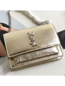 Saint Laurent Sunset Chain Wallet in Crystal-Grained Metallic Leather 452157 Gold 2019