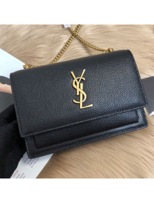 Saint Laurent Sunset Chain Wallet in Crystal-Grained Leather 452157 Black/Gold 2019