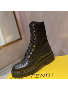 Fendi Rockoko Stone Embossed Calfskin and Knit Ankle Boots Black 2021