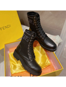 Fendi Rockoko Calfskin and Knit Ankle Boots Black 2021 03