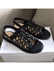 Dior D-Trap Flat Sandals in Mesh Calfskin Black 2021