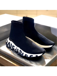 Balenciaga Printed Letters Knit Sock Speed Boot Sneaker Black/White 2019(For Women and Men)