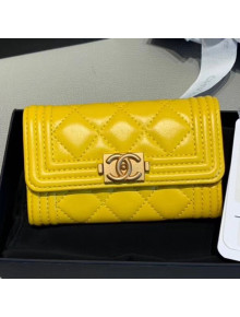 Chanel Quilted Smooth Lambskin Boy Flap Card Holder A80603 Yellow