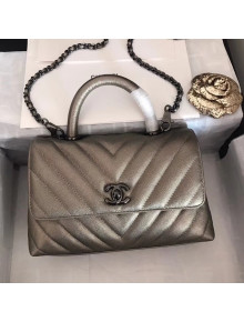 Chanel Chevron Metallic Grained Calfskin Coco Handle Mini Bag 2018(Black Metal)