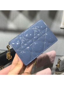Dior Lady Cannage Patent Leather Card Holder Wallet Blue 2019
