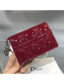 Dior Lady Cannage Patent Leather Card Holder Wallet Burgundy 2019