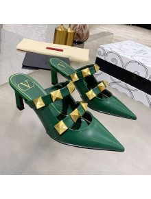 Valentino Roman Stud Calfskin Heel Mules with Sculpted Strap Green 2021