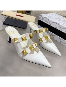 Valentino Roman Stud Calfskin Heel Mules with Sculpted Strap White 2021