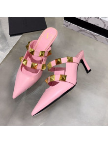 Valentino Roman Stud Calfskin Heel Mules with Sculpted Strap Light Pink 2021