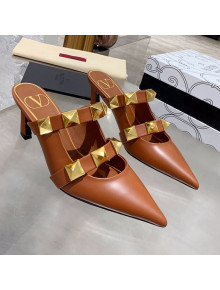 Valentino Roman Stud Calfskin Heel Mules with Sculpted Strap Brown 2021